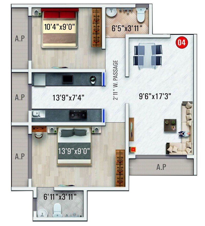 Floor plan of 2 BHK Apartment - 511 sq. ft. in Imperial Indrapuram, Palghar