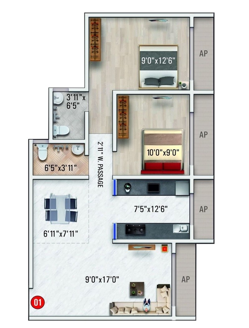 Floor plan of 2 BHK Apartment - 564 sq. ft. in Imperial Indrapuram, Palghar