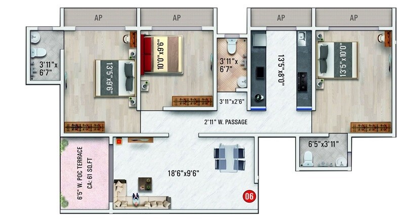 Floor plan of 3 BHK Apartment - 825 sq. ft. in Imperial Indrapuram, Palghar