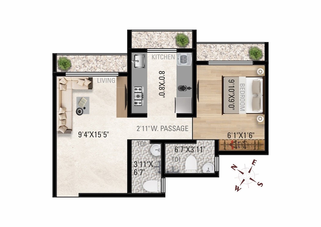 Floor plan of 1 BHK 454 Sq. Ft. Apartment in Imperial Luxuria, Palghar