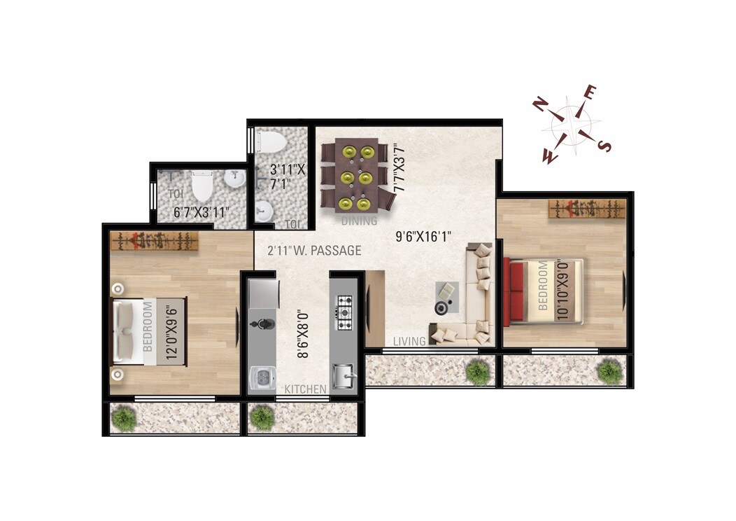 Floor plan of 2 BHK 569 Sq. Ft. Apartment in Imperial Luxuria, Palghar