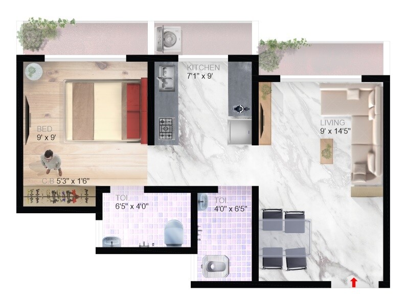 Floor plan of 1 BHK 341 Sq. Ft. Apartment in Imperial Paradise, Palghar