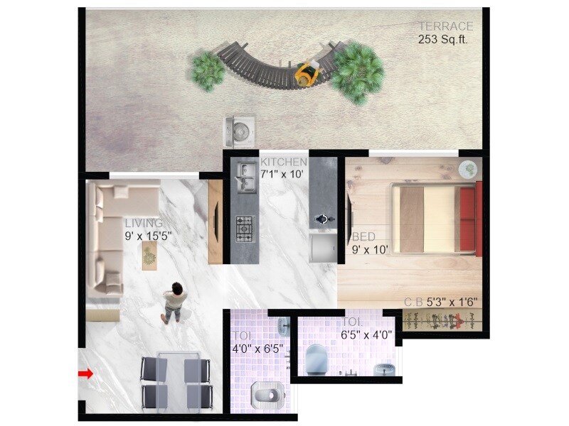 Floor plan of 1 BHK 444 Sq. Ft. Apartment in Imperial Paradise, Palghar