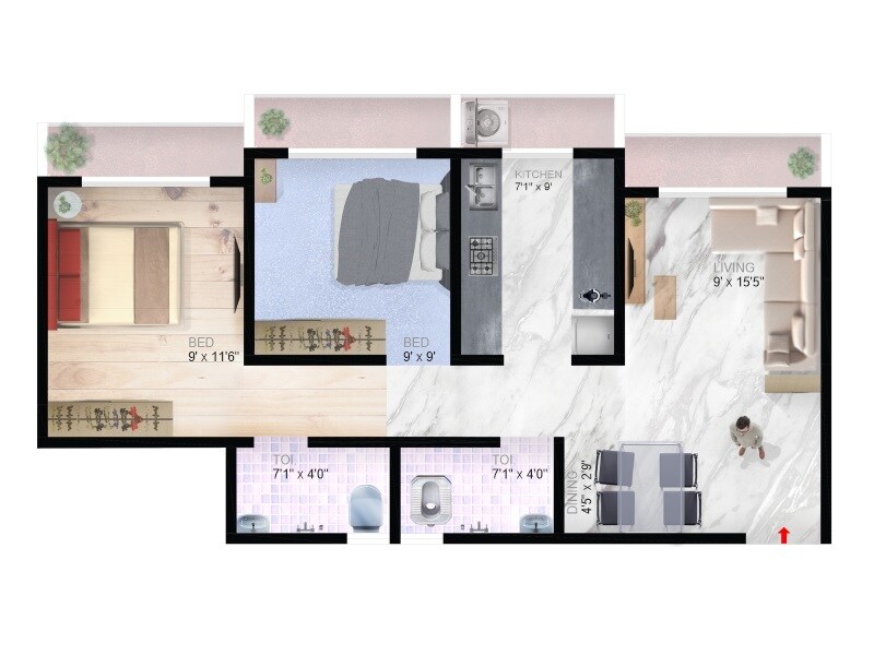 Floor plan of 2 BHK 551 Sq. Ft. Apartment in Imperial Paradise, Palghar