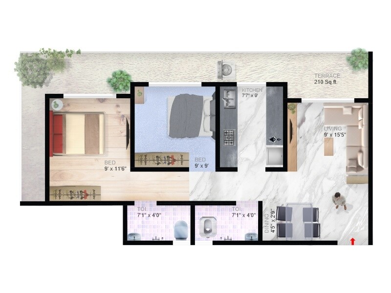 Floor plan of 2 BHK 747 Sq. Ft. Apartment in Imperial Paradise, Palghar
