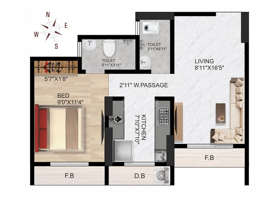 Floor plan of 1 BHK 480 Sq. Ft. Apartment in Imperial Sai Complex, Palghar
