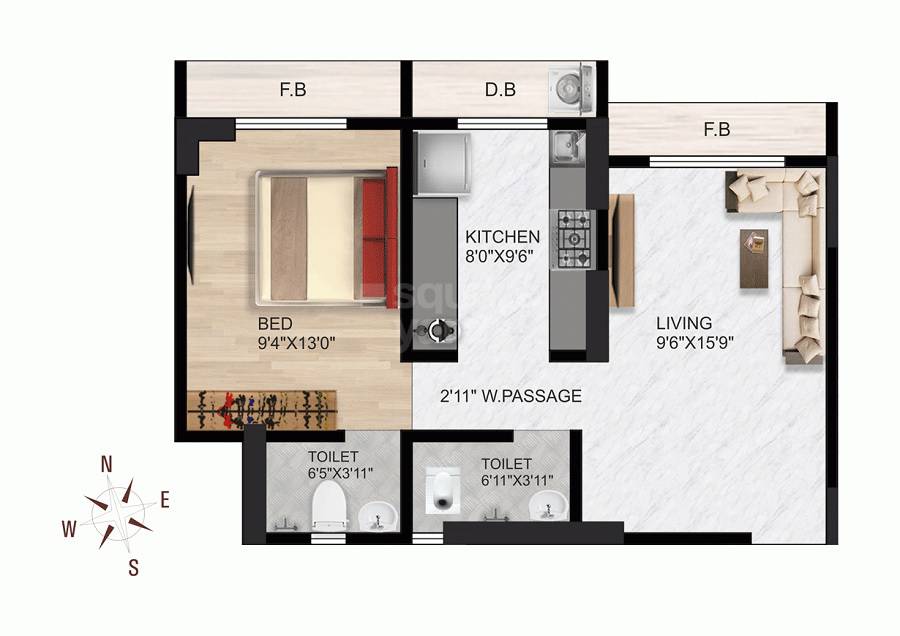 Floor plan of 1 BHK 510 Sq. Ft. Apartment in Imperial Sai Complex, Palghar