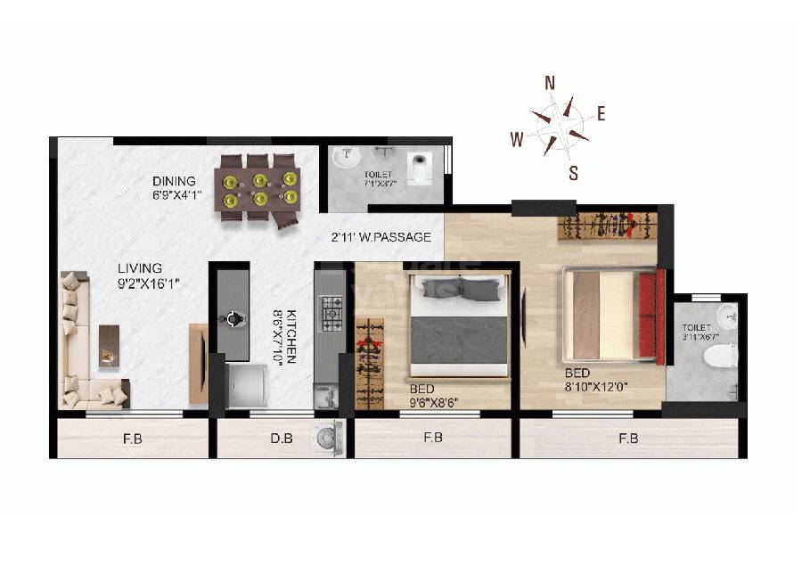 Floor plan of 2 BHK 653 Sq. Ft. Apartment in Imperial Sai Complex, Palghar