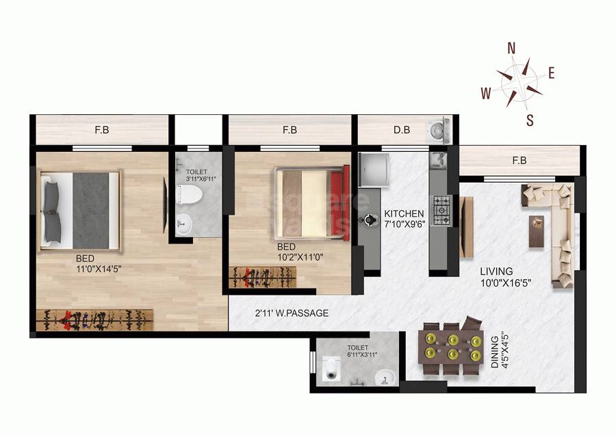 Floor plan of 2 BHK 798 Sq. Ft. Apartment in Imperial Sai Complex, Palghar