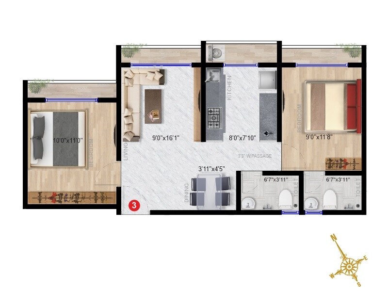Floor plan of 2 BHK 683 Sq. Ft. Apartment in Imperial Splendora, Palghar