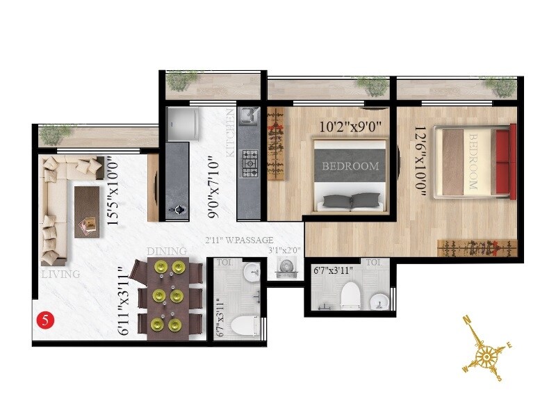 Floor plan of 2 BHK 607 Sq. Ft. Apartment in Imperial Splendora, Palghar