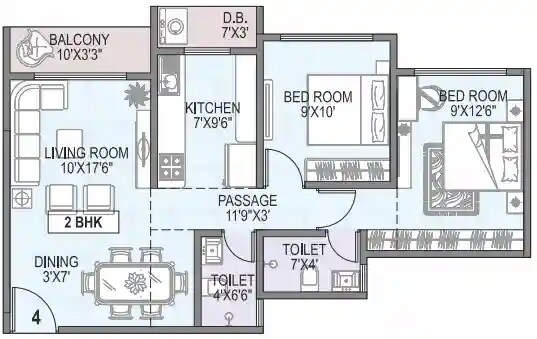 Floor plan of 2 BHK 620 Sq. Ft. Apartment in Innovision The Midtown, Palghar
