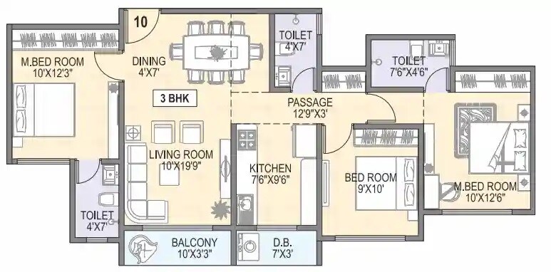 Floor plan of 3 BHK 834 Sq. Ft. Apartment in Innovision The Midtown, Palghar