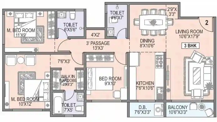 Floor plan of 3 BHK 861 Sq. Ft. Apartment in Innovision The Midtown, Palghar