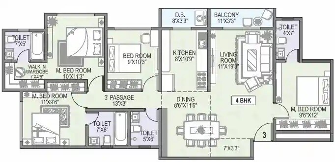 Floor plan of 4 BHK 1136 Sq. Ft. Apartment in Innovision The Midtown, Palghar