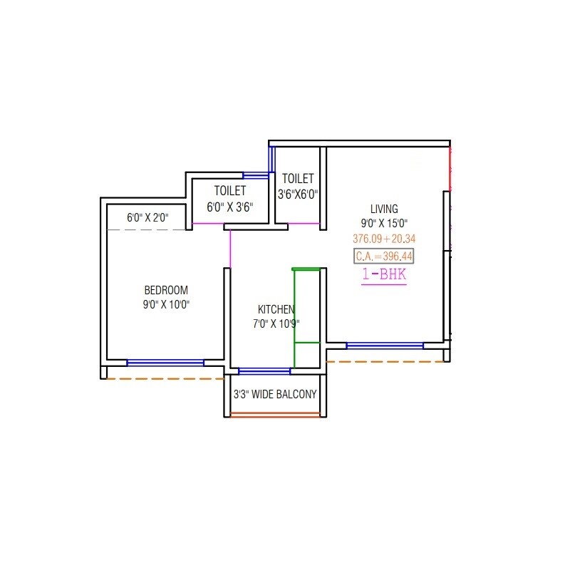 Floor plan of 1 BHK 396 Sq. Ft. Apartment in Inspiration Krishna Solitaire, Palghar