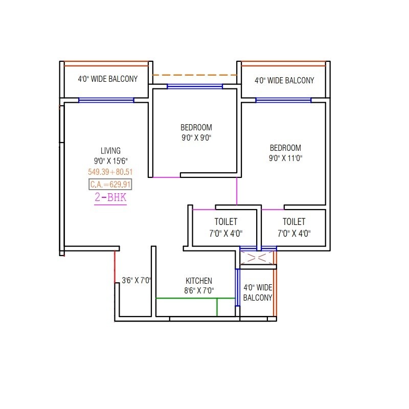 Floor plan of 2 BHK 630 Sq. Ft. Apartment in Inspiration Krishna Solitaire, Palghar