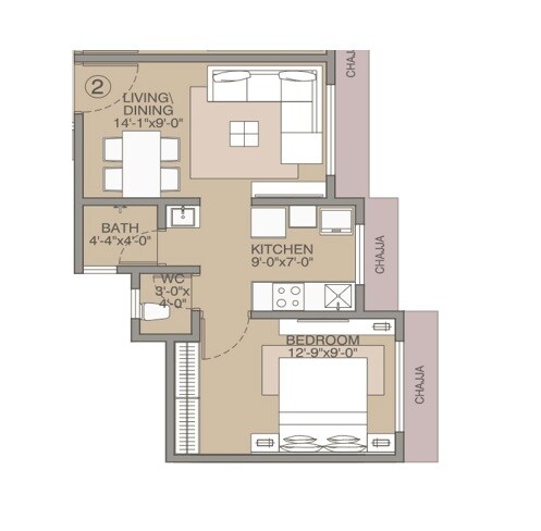 Floor plan of 1 BHK 307 Sq. Ft. Apartment in Ipsit Avighna Heights, Palghar