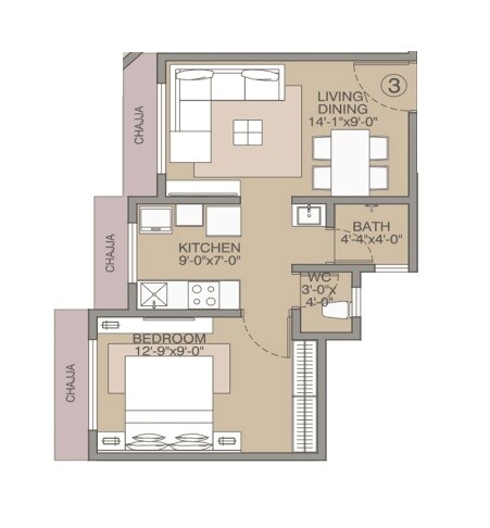 Floor plan of 1 BHK 353 Sq. Ft. Apartment in Ipsit Avighna Heights, Palghar
