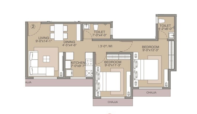 Floor plan of 2 BHK 532 Sq. Ft. Apartment in Ipsit Avighna Heights, Palghar