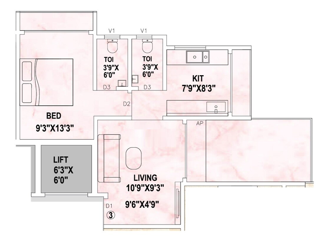 Floor plan of 1 BHK 303 Sq. Ft. Apartment in Janavi Laxmi Heights, Palghar