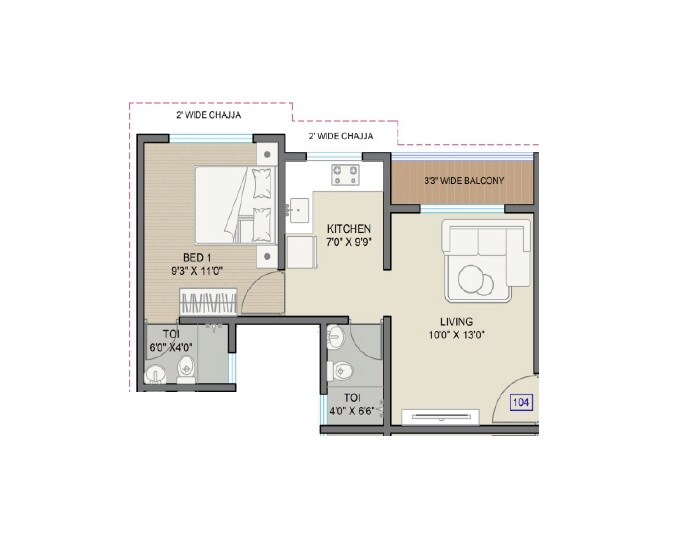 Floor plan of 1 BHK 388 Sq. Ft. Apartment in Jaykumar Oswal Pride, Palghar