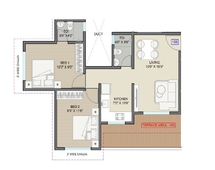 Floor plan of 2 BHK 563 Sq. Ft. Apartment in Jaykumar Oswal Pride, Palghar