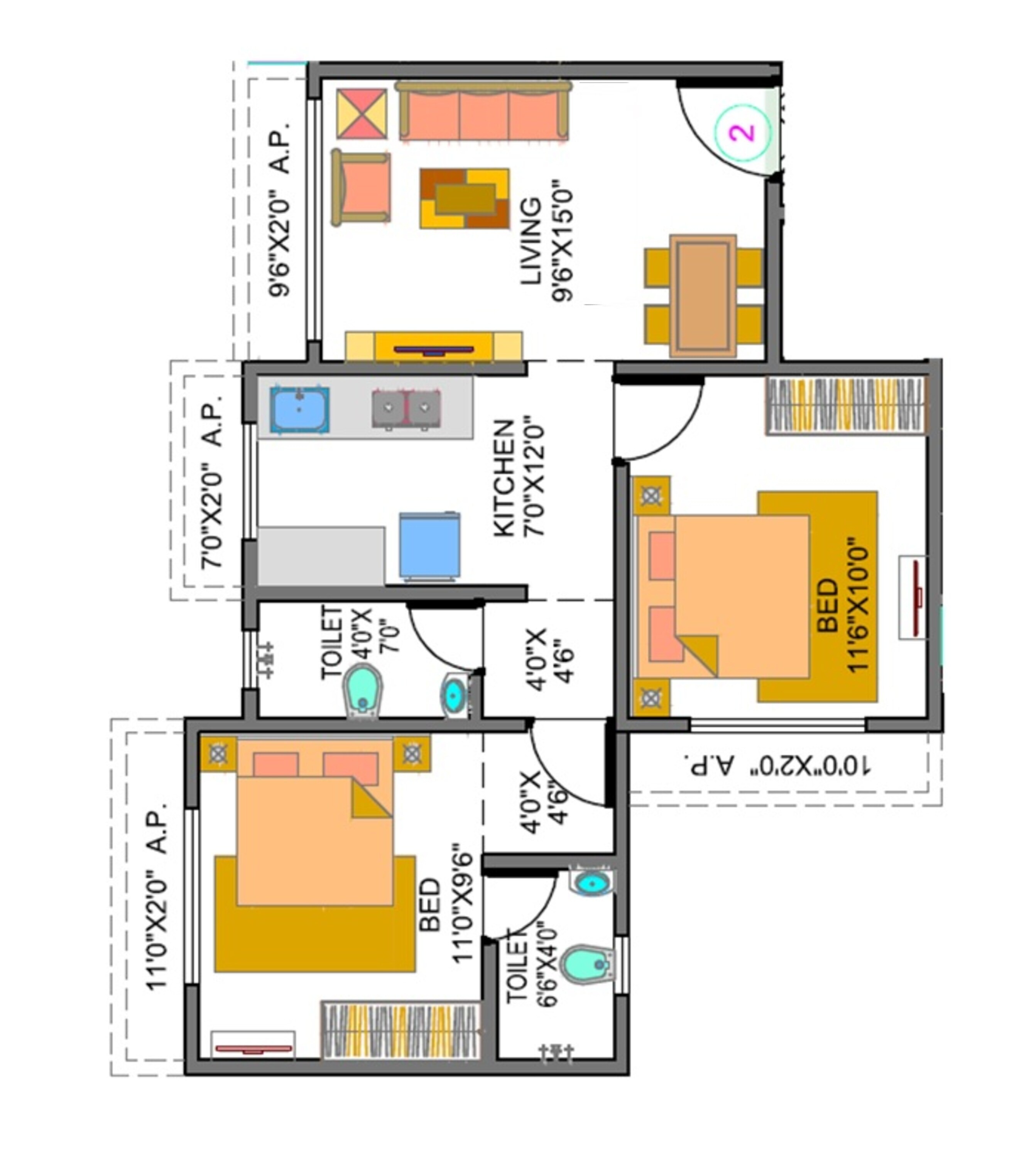 Floor plan of 2 BHK 519 Sq. Ft. Apartment in Jones Vegas J V Nagar, Palghar
