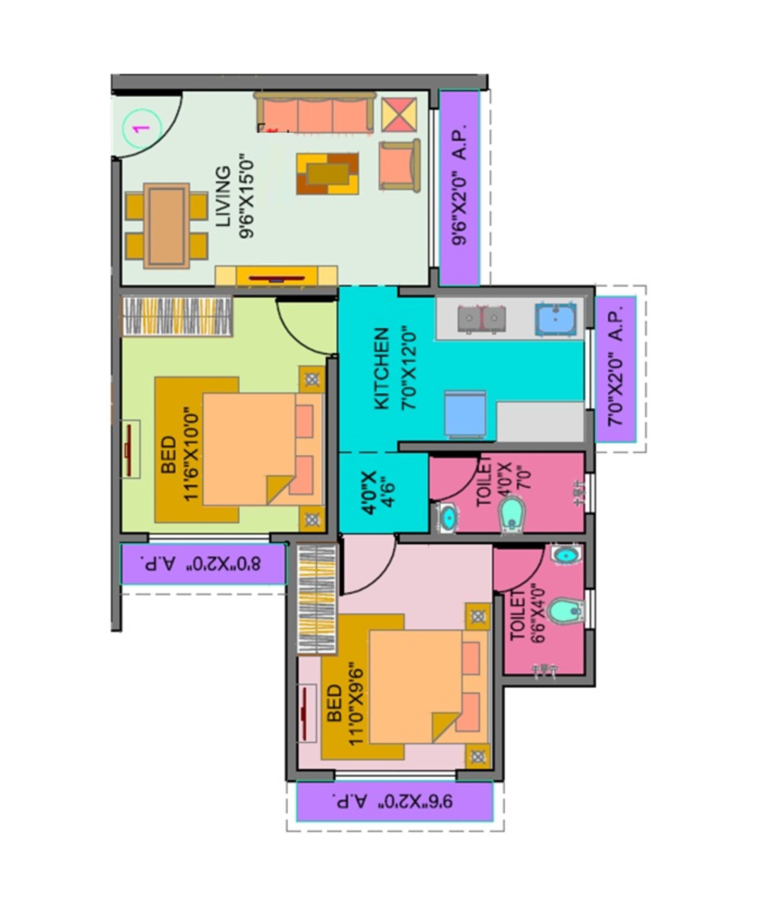 Floor plan of 2 BHK 534 Sq. Ft. Apartment in Jones Vegas J V Nagar, Palghar
