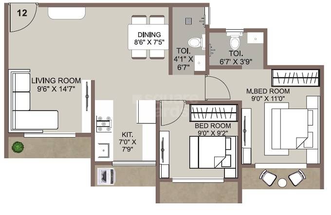 Floor plan of 2 BHK 530 Sq. Ft. Apartment in JP Ruchita Bliss, Palghar