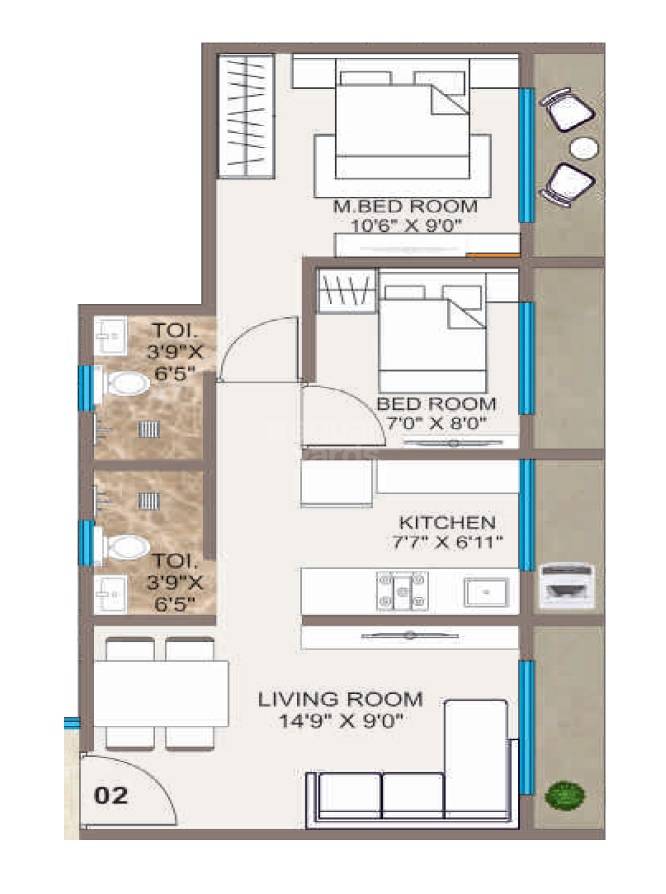 Floor plan of 2 BHK 568 Sq. Ft. Apartment in JP Ruchita Bliss, Palghar