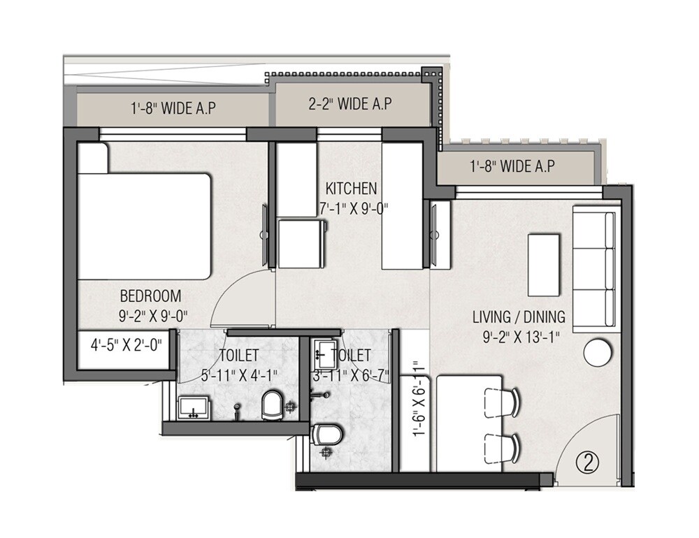 Floor plan of 1 BHK 390 Sq. Ft. Apartment in JSB Nakshatra Aazstha, Palghar