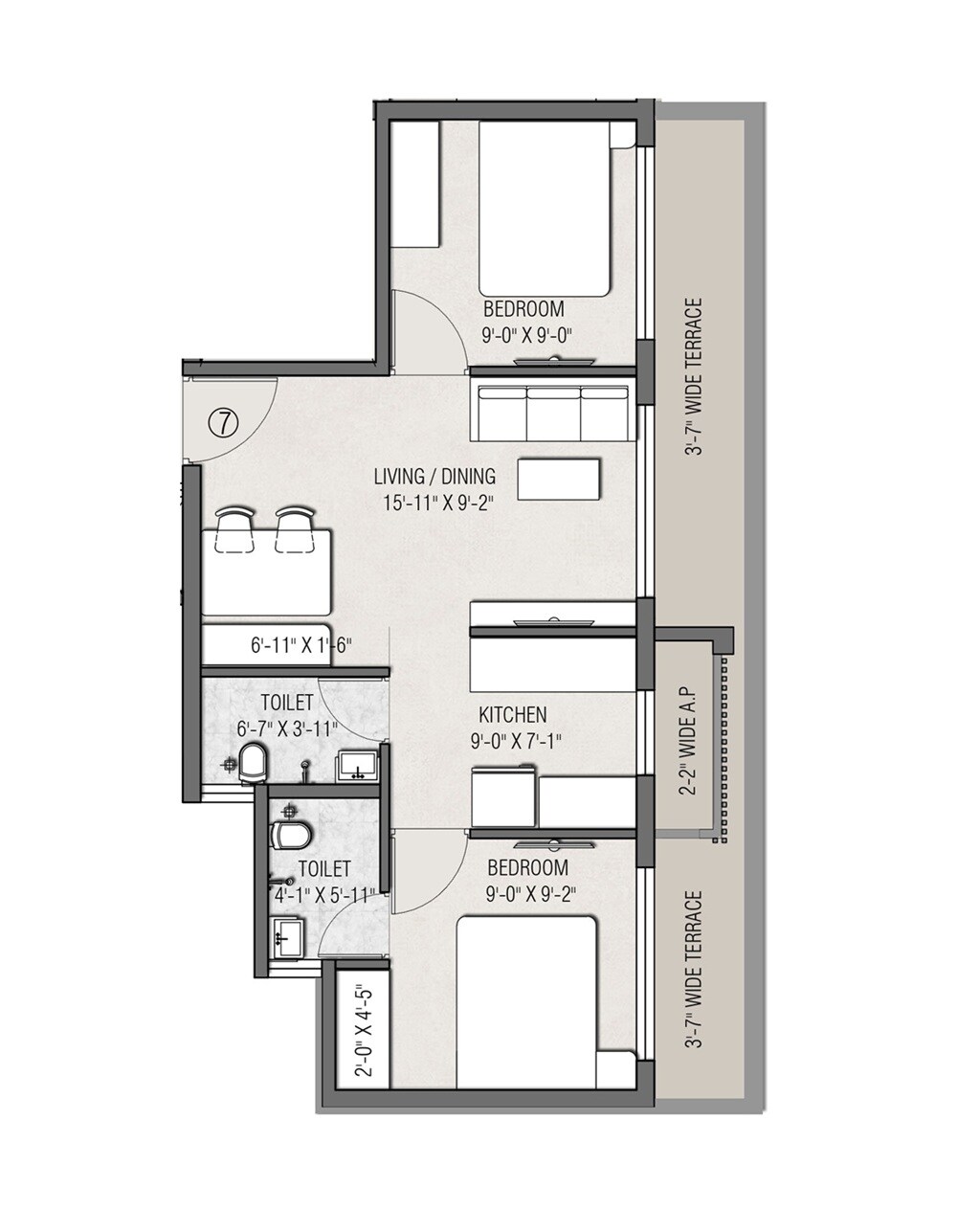 Floor plan of 2 BHK 502 Sq. Ft. Apartment in JSB Nakshatra Aazstha, Palghar
