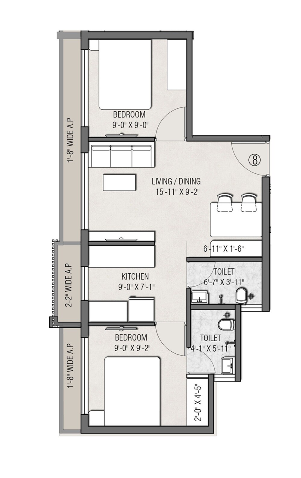 Floor plan of 2 BHK 607 Sq. Ft. Apartment in JSB Nakshatra Aazstha, Palghar