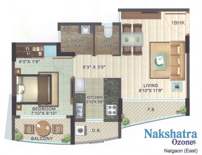 Floor plan of 1 BHK 316 Sq. Ft. Apartment in JSB Nakshatra Ozone, Palghar