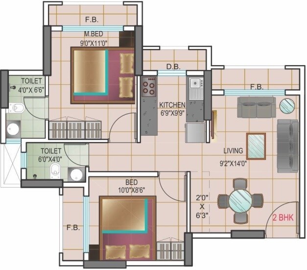 Floor plan of 2 BHK 472 Sq. Ft. Apartment in JSB Nakshatra Pride II, Palghar