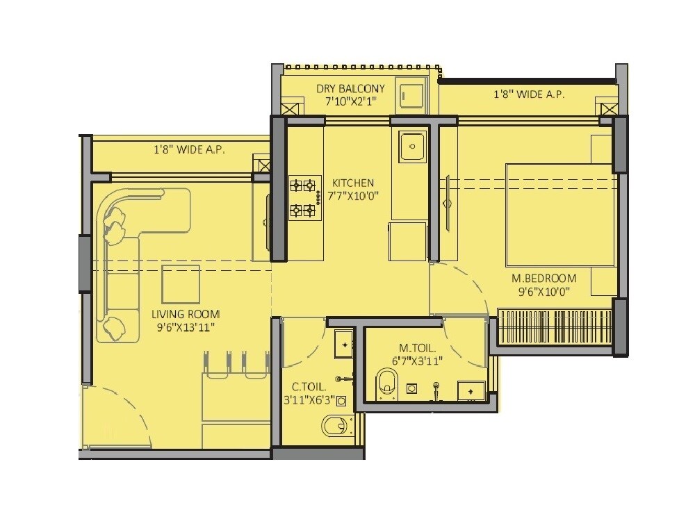 Floor plan of 1 BHK 391 Sq. Ft. Apartment in JSB Nakshatra Veda, Palghar