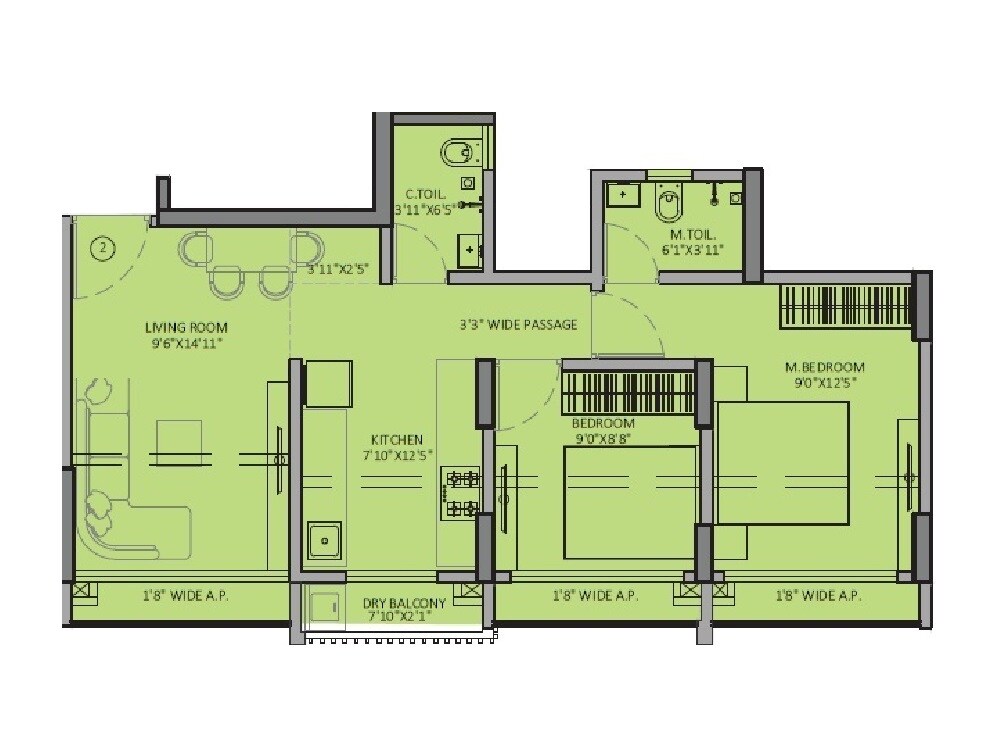 Floor plan of 2 BHK 632 Sq. Ft. Apartment in JSB Nakshatra Veda, Palghar