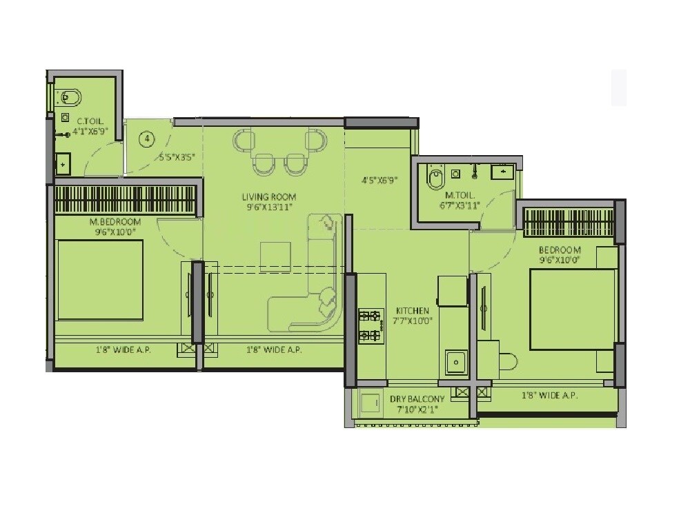 Floor plan of 2 BHK 696 Sq. Ft. Apartment in JSB Nakshatra Veda, Palghar