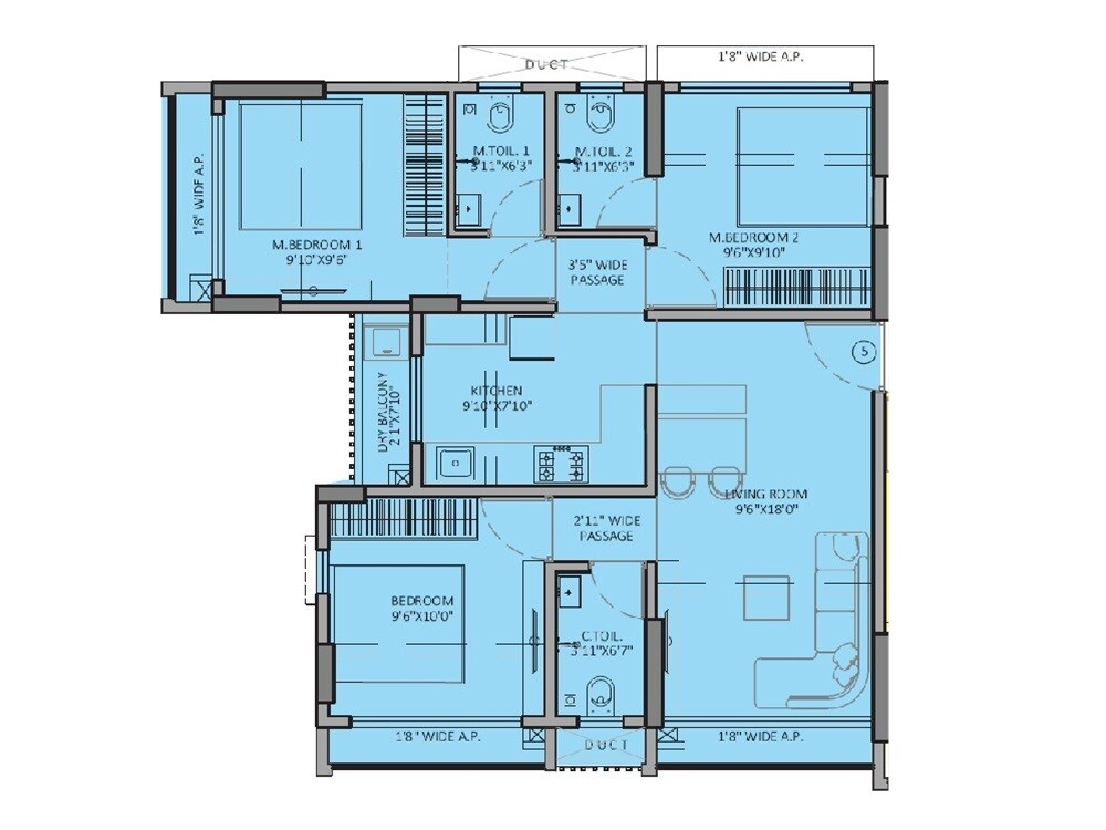 Floor plan of 3 BHK 794 Sq. Ft. Apartment in JSB Nakshatra Veda, Palghar