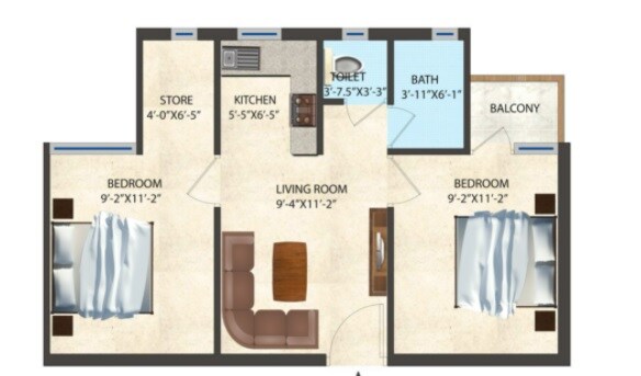 Floor plan of 2 BHK 915 Sq. Ft. Apartment in Jyoti Harmony, Palghar