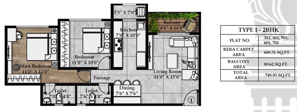 Floor plan of 2 BHK 669 Sq. Ft. Apartment in K Bafna Philia Square, Palghar