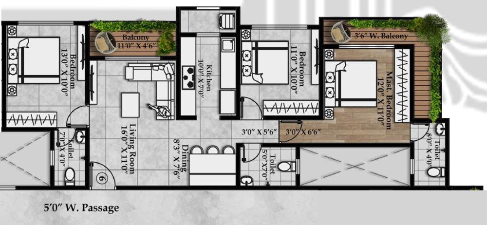 Floor plan of 3 BHK 873 Sq. Ft. Apartment in K Bafna Philia Square, Palghar