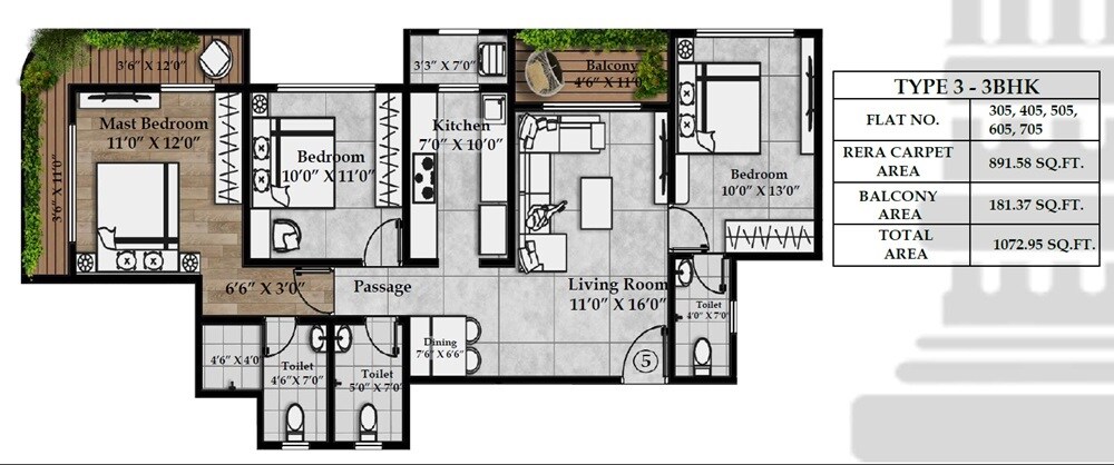 Floor plan of 3 BHK 892 Sq. Ft. Apartment in K Bafna Philia Square, Palghar
