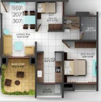 Floor plan of 2 BHK 424 Sq. Ft. Apartment in K K Crystal Park, Palghar