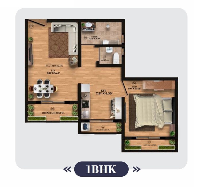 Floor plan of 1 BHK 351 Sq. Ft. Apartment in KA Skyline Towers, Palghar