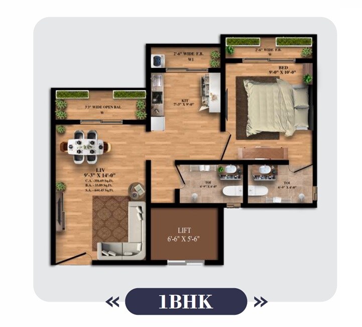Floor plan of 1 BHK 374 Sq. Ft. Apartment in KA Skyline Towers, Palghar