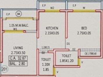 Floor plan of 1 BHK 383 Sq. Ft. Apartment in Kalash Sparkle Heights Phase 1, Palghar