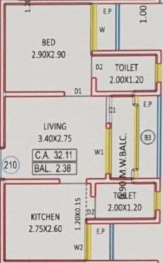 Floor plan of 1 BHK 568 Sq. Ft. Apartment in Kalash Sparkle Heights Phase 1, Palghar