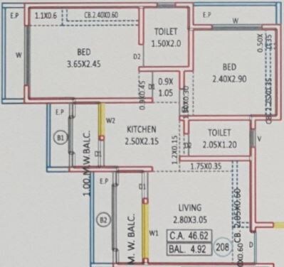 Floor plan of 2 BHK 577 Sq. Ft. Apartment in Kalash Sparkle Heights Phase 1, Palghar